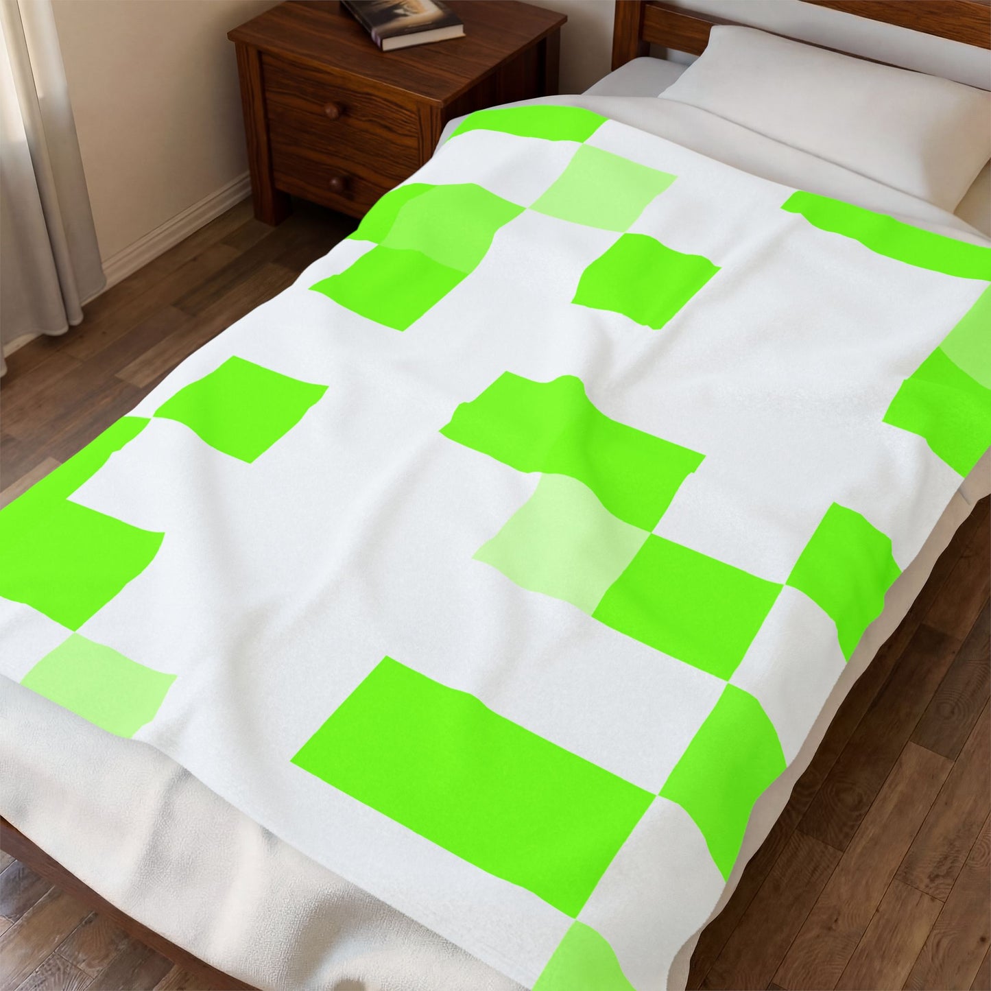 Lime Green Pixel Grid - Plush Blanket