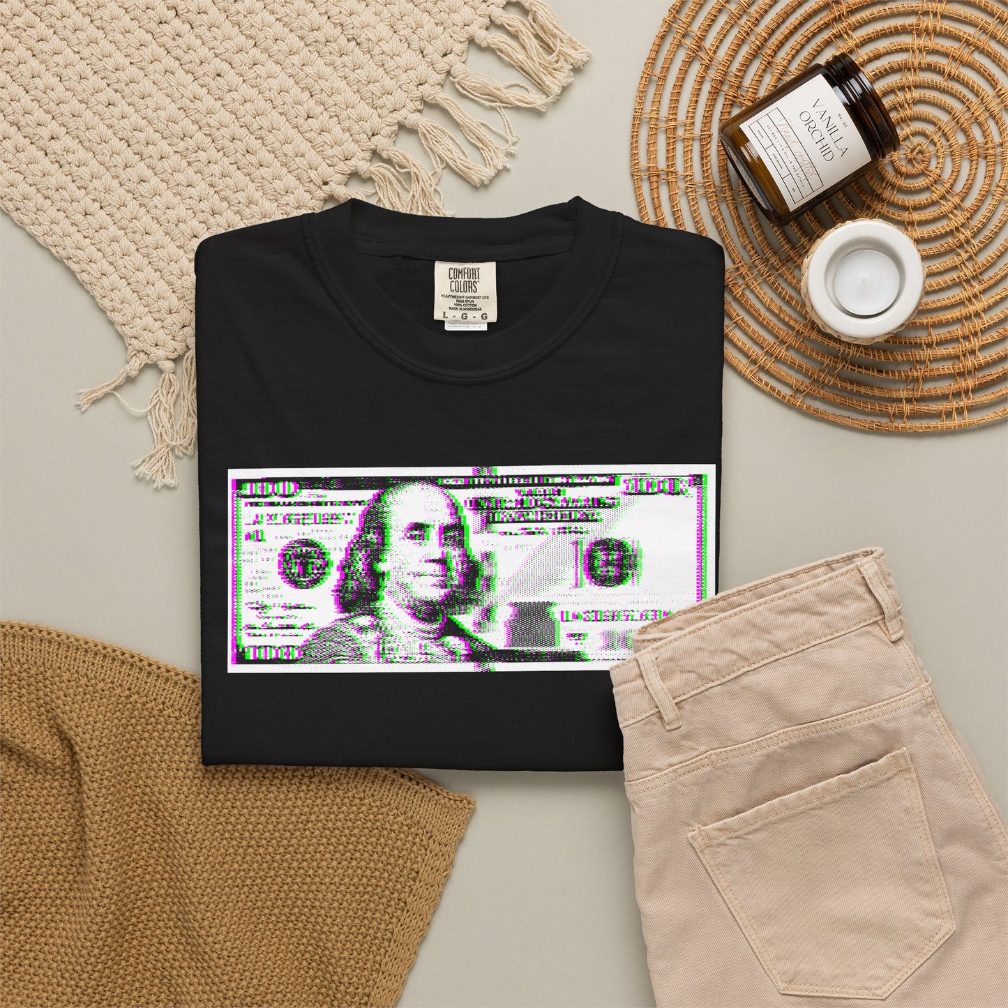 100 Dollars Bill - Green/Magenta Glitch - T-Shirt