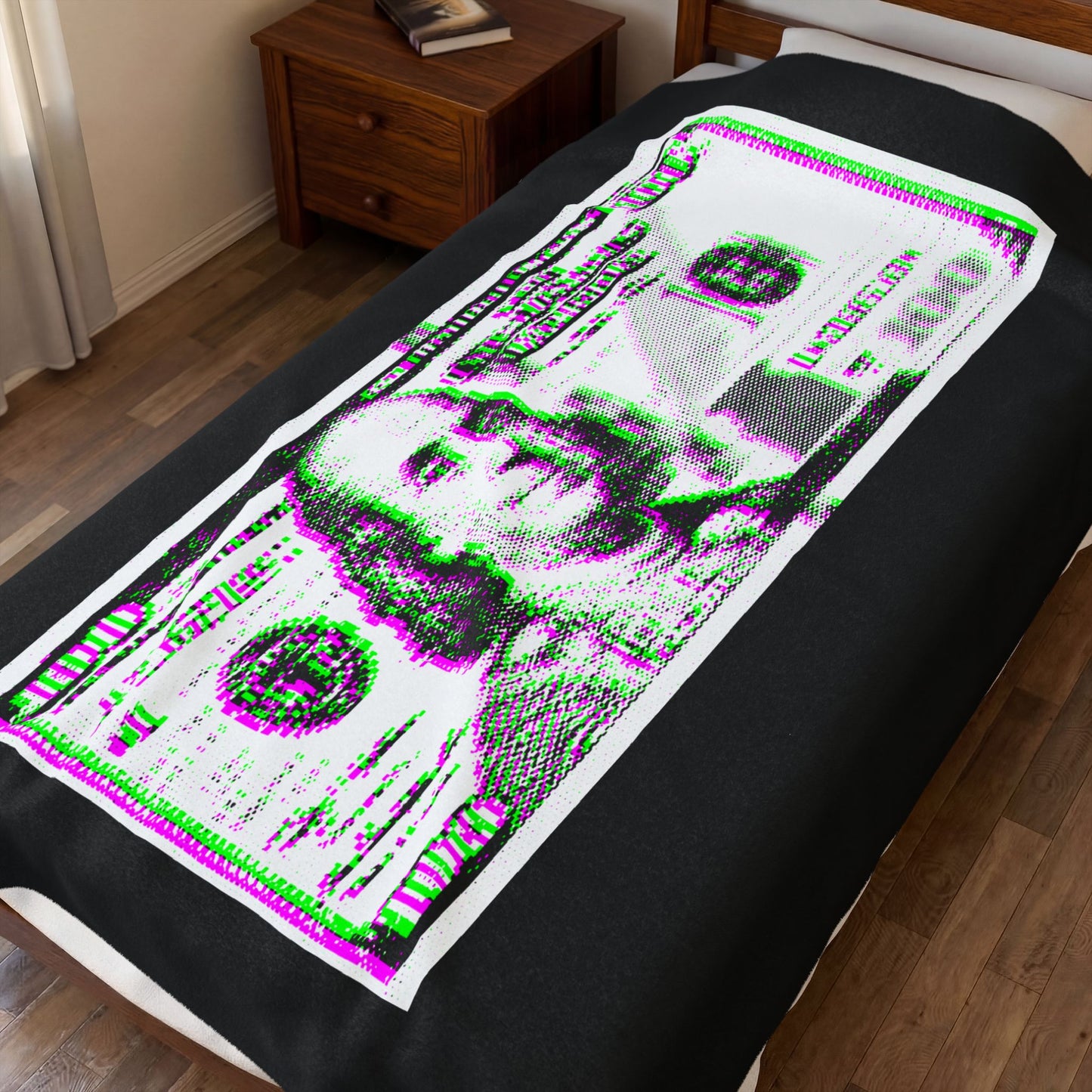 100 Dollars Bill - Green/Magenta Glitch - Plush Blanket