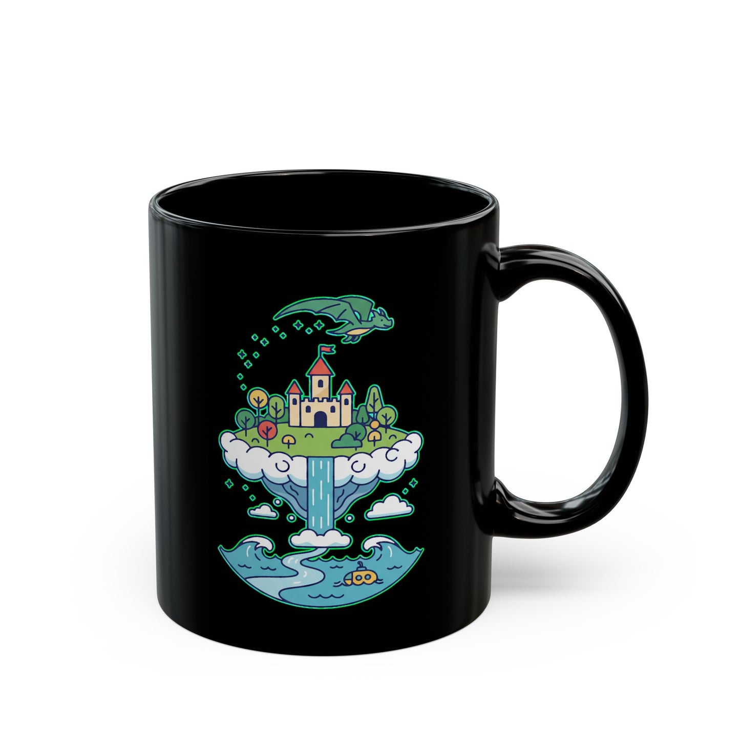 Floating Castle Dragon - Magical Fantasy Island - Black Mug