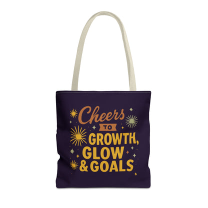 Cheers to Growth Tote Bag, Motivational Gift for Goals, Daily Use, Eco-Friendly Shopping, Inspirational Quotes, New Year's Vibes