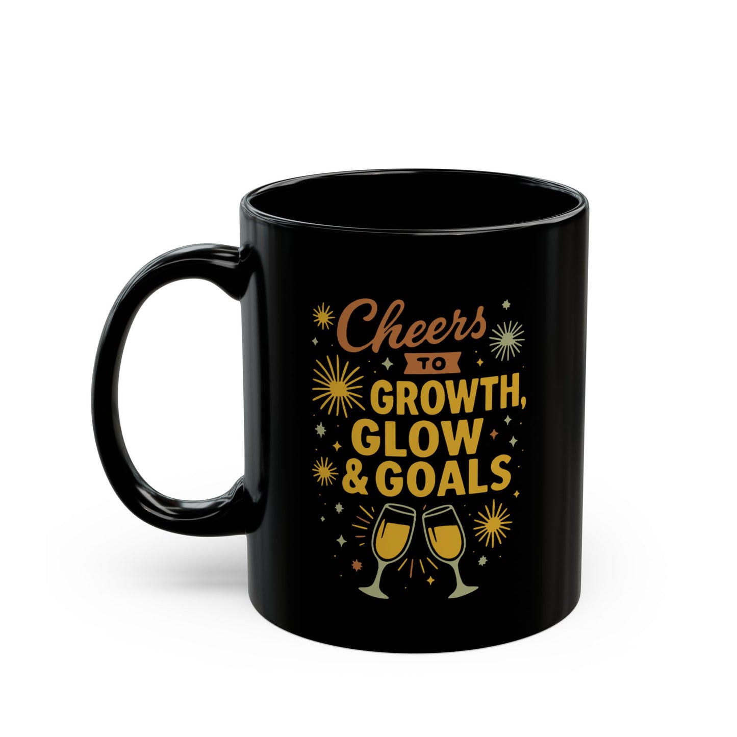 Cheers to Growth Black Mug, Motivational Coffee Cup for Success, Perfect for New Year, Birthdays, or Office Gifts