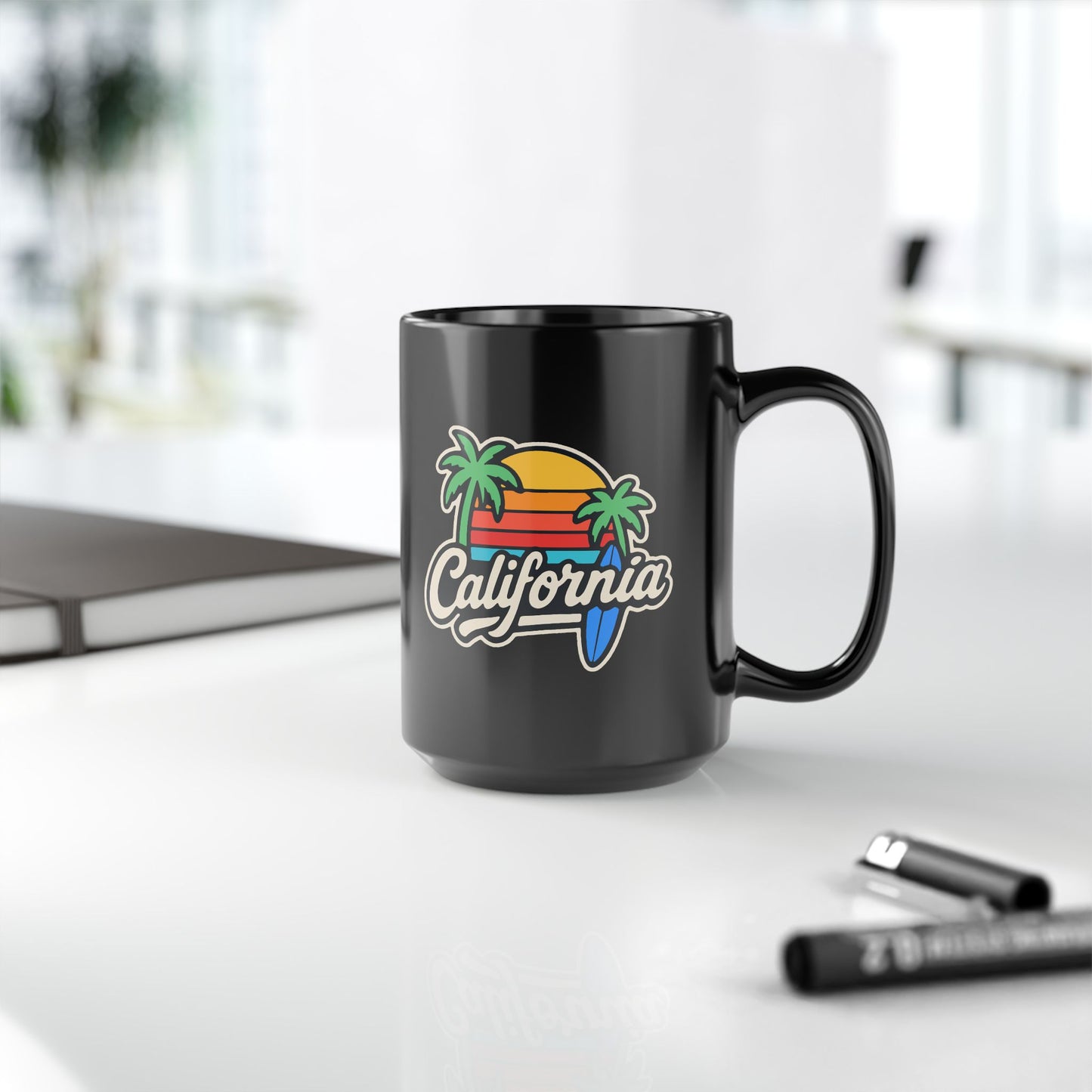 California Vibe Black Mug, Surfing Coffee Cup, Beach Lover Gift, Tropical Home Decor, Summer Drinkware, Gift for Surfers