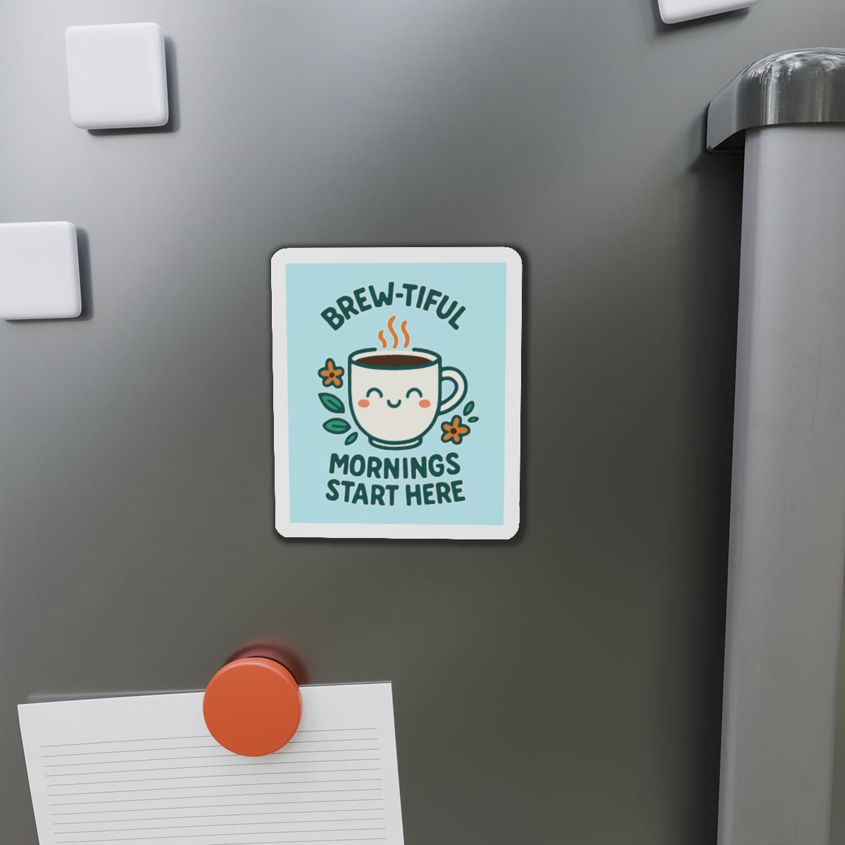 Brew-tiful Mornings Die-Cut Magnet, Cute Coffee Mug Decor, Kitchen Accessory, Gift for Coffee Lovers, Home Decor