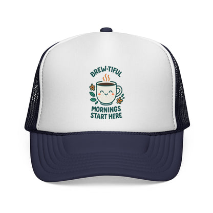 Coffee Lovers Trucker Cap, Brew-tiful Mornings Start Here, Coffee Hat