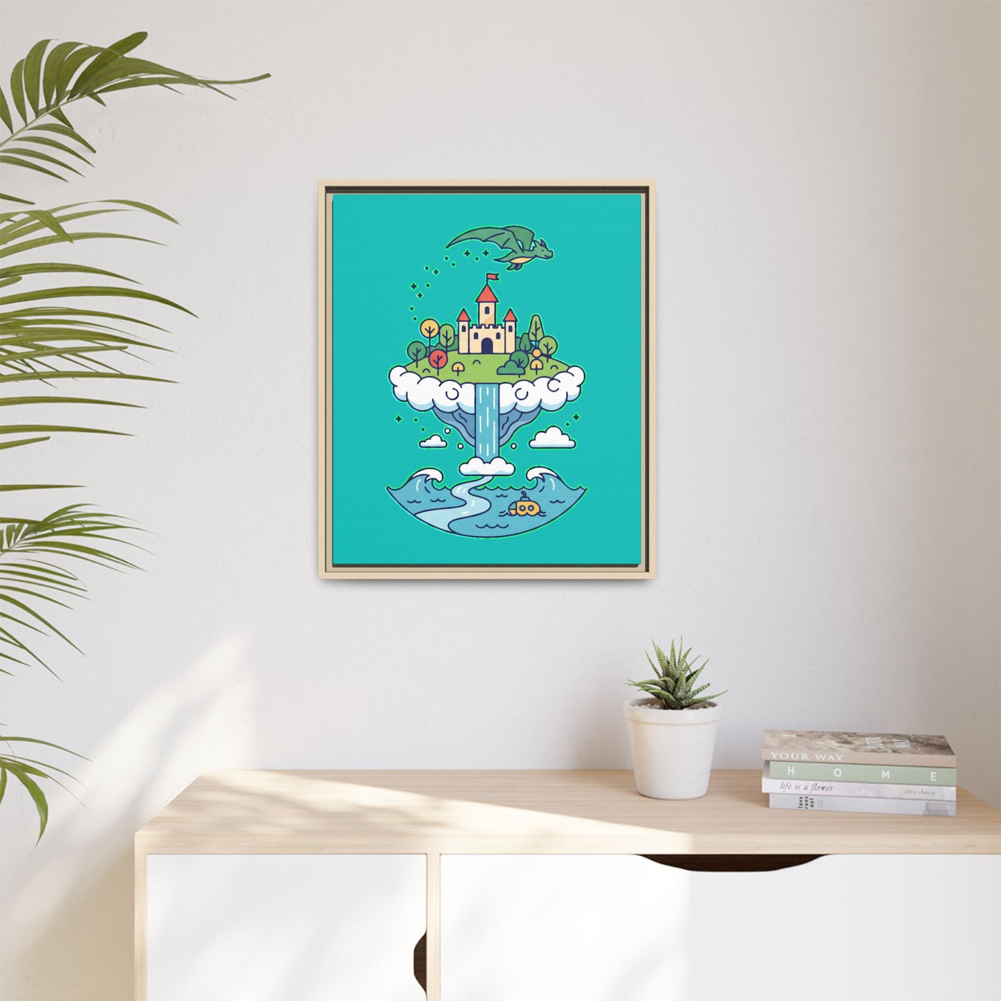 Floating Castle Dragon - Magical Fantasy Island - Framed Canvas