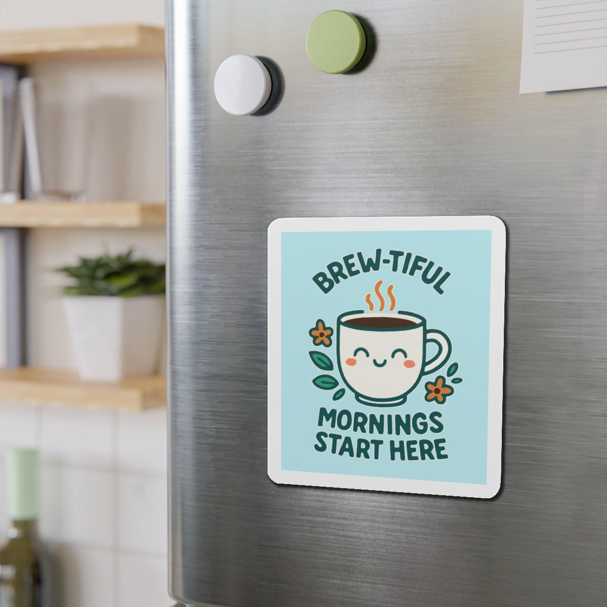 Brew-tiful Mornings Die-Cut Magnet, Cute Coffee Mug Decor, Kitchen Accessory, Gift for Coffee Lovers, Home Decor