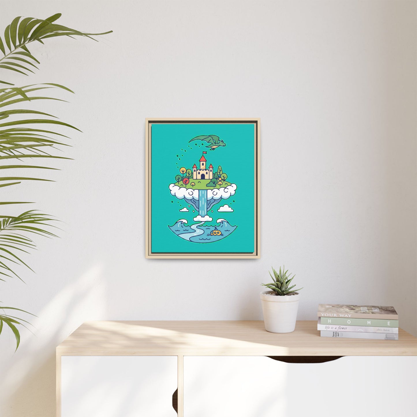 Floating Castle Dragon - Magical Fantasy Island - Framed Canvas
