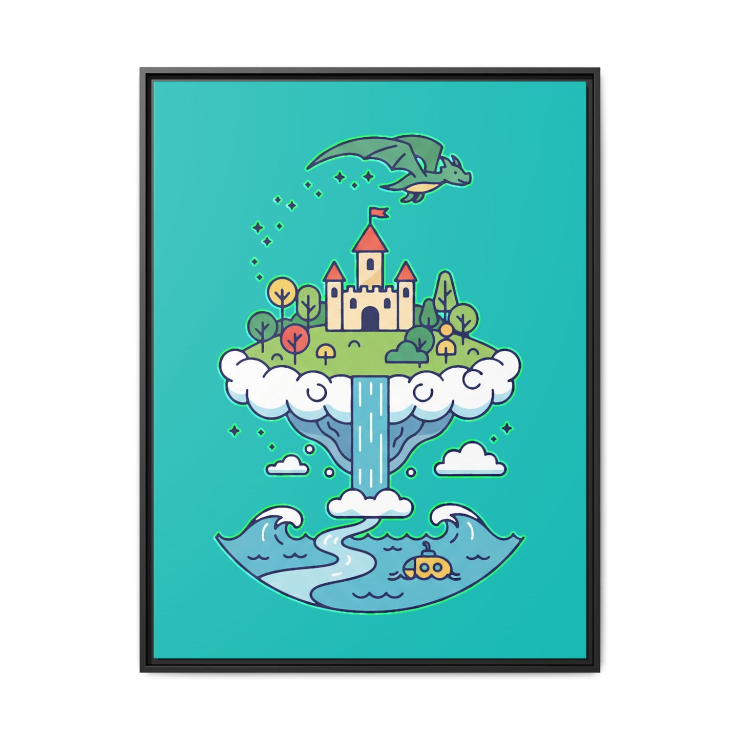 Floating Castle Dragon - Magical Fantasy Island - Framed Canvas