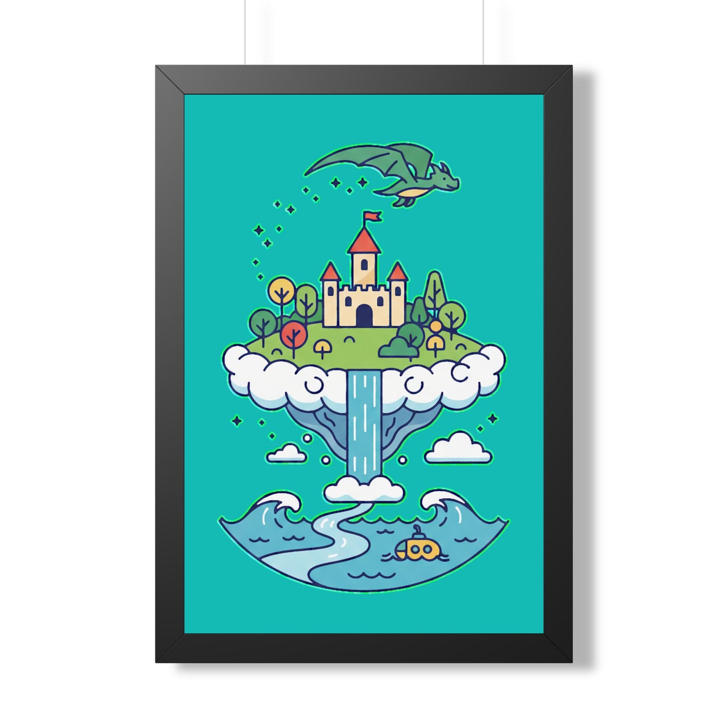 Floating Castle Dragon - Magical Fantasy Island - Framed Poster