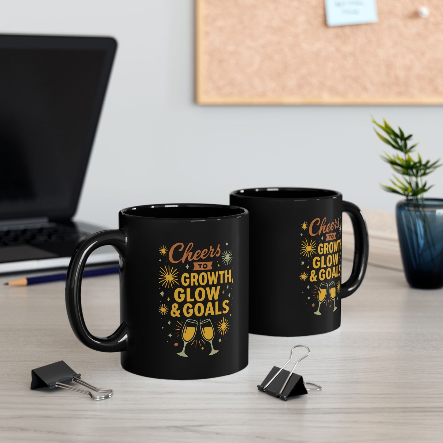 Cheers to Growth Black Mug, Motivational Coffee Cup for Success, Perfect for New Year, Birthdays, or Office Gifts