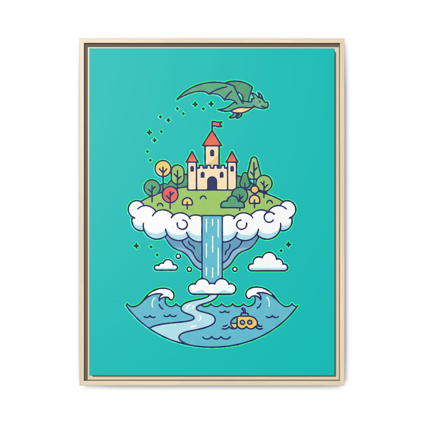 Floating Castle Dragon - Magical Fantasy Island - Framed Canvas