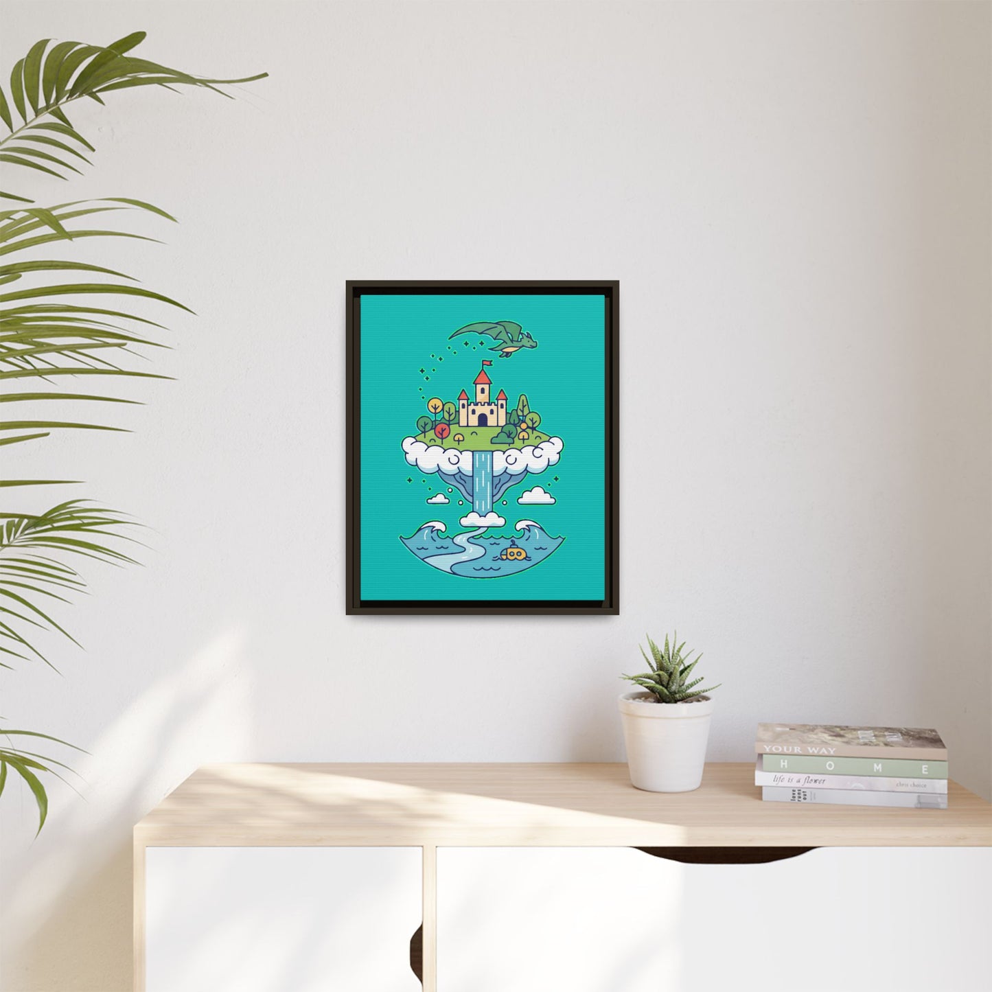Floating Castle Dragon - Magical Fantasy Island - Framed Canvas