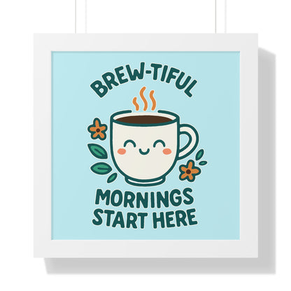 Cute Coffee Wall Art, Brew-tiful Mornings Poster, Kitchen Decor, Gift for Coffee Lovers, Floral Artwork, Home Office Print