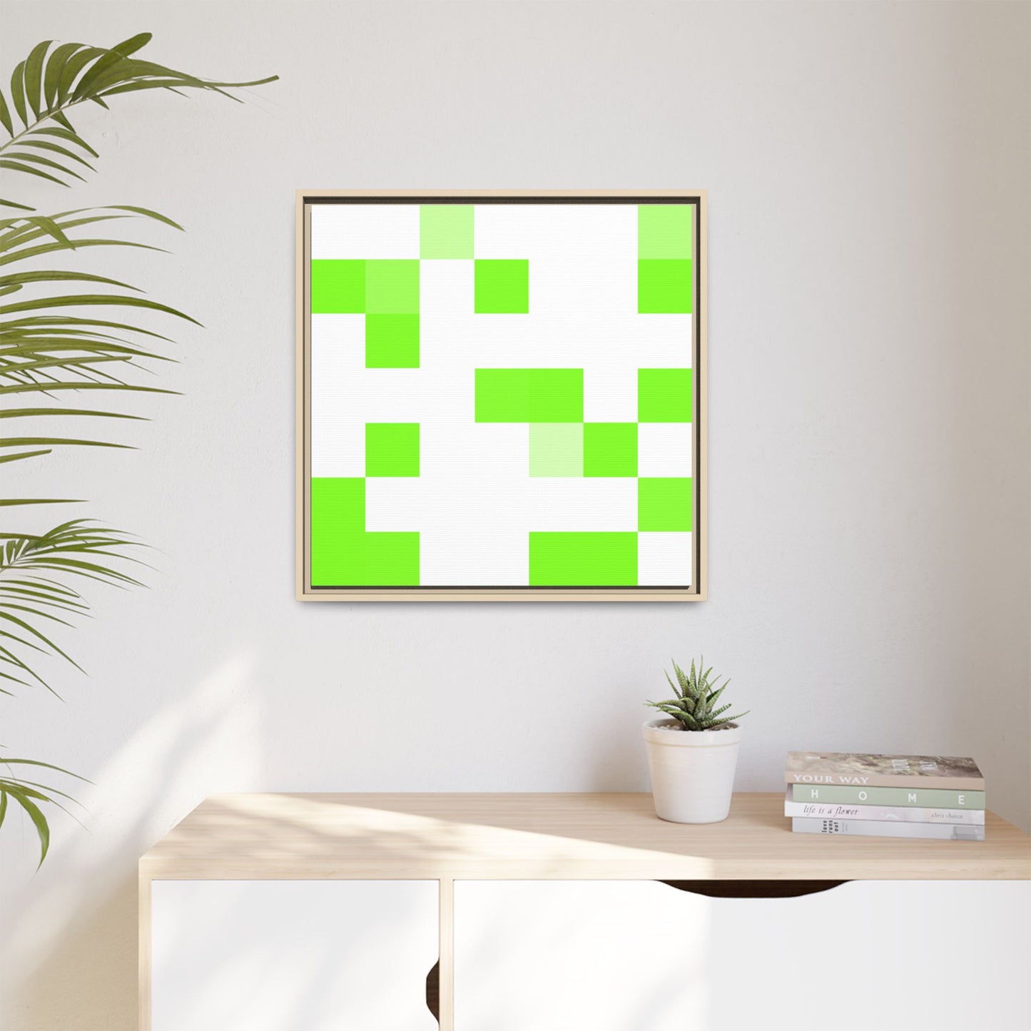 Lime Green Pixel Grid - Framed Canvas