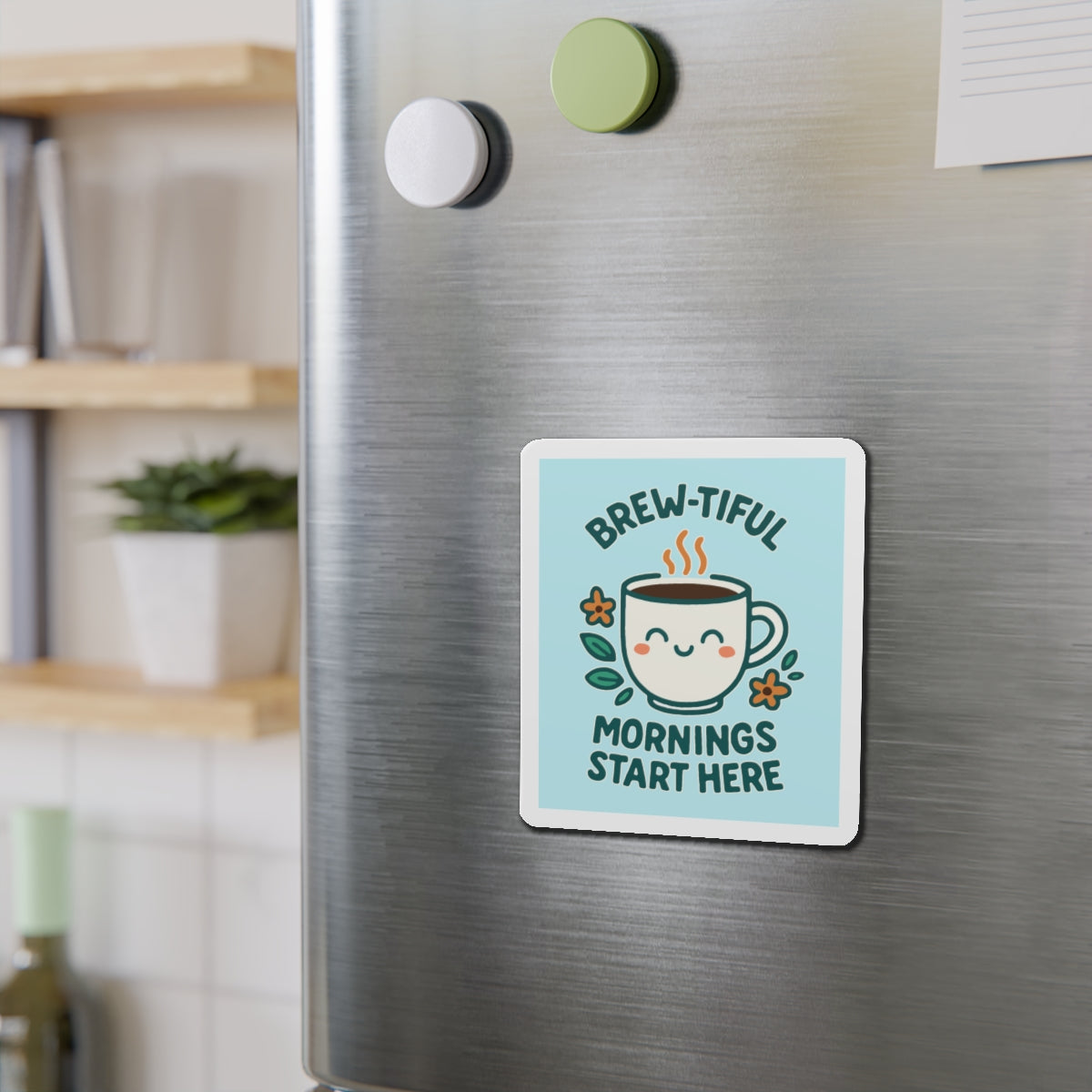 Brew-tiful Mornings Die-Cut Magnet, Cute Coffee Mug Decor, Kitchen Accessory, Gift for Coffee Lovers, Home Decor