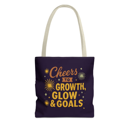 Cheers to Growth Tote Bag, Motivational Gift for Goals, Daily Use, Eco-Friendly Shopping, Inspirational Quotes, New Year's Vibes