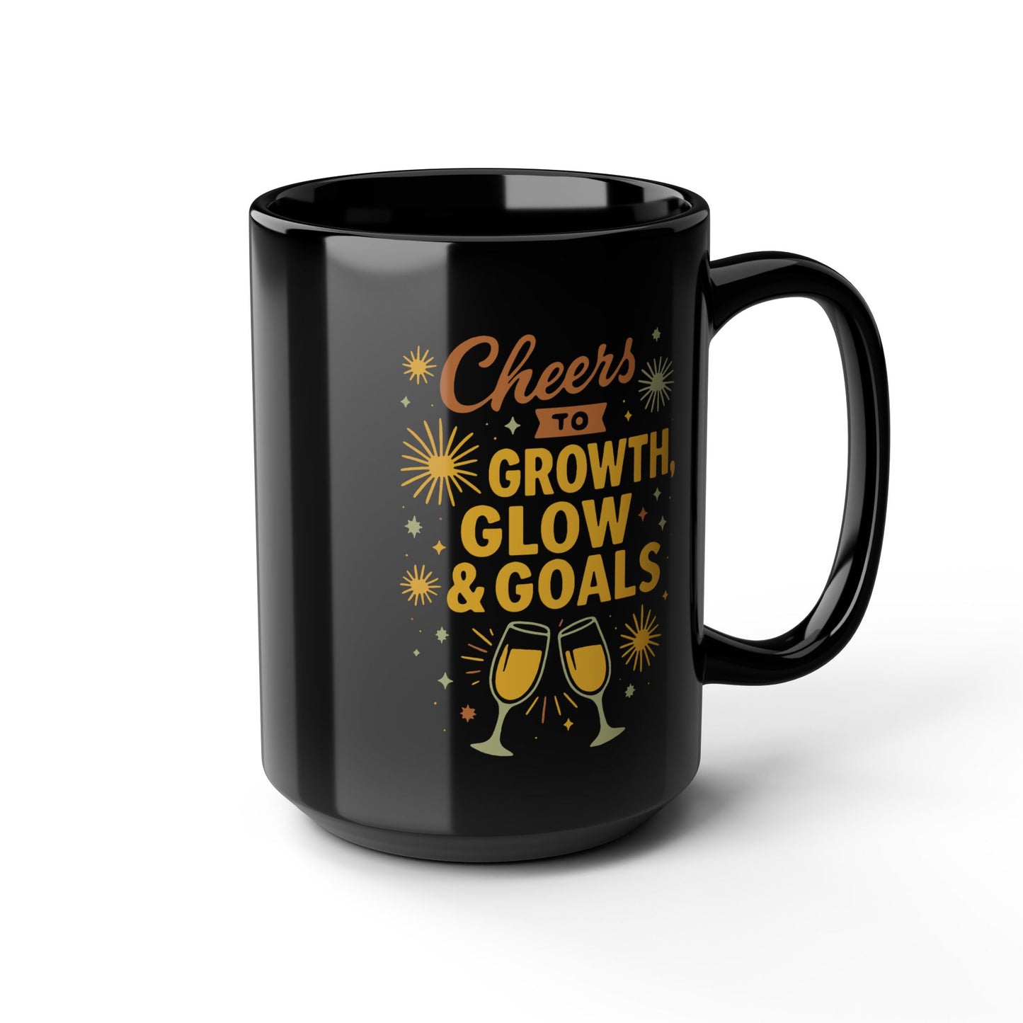 Cheers to Growth Black Mug, Motivational Coffee Cup for Success, Perfect for New Year, Birthdays, or Office Gifts