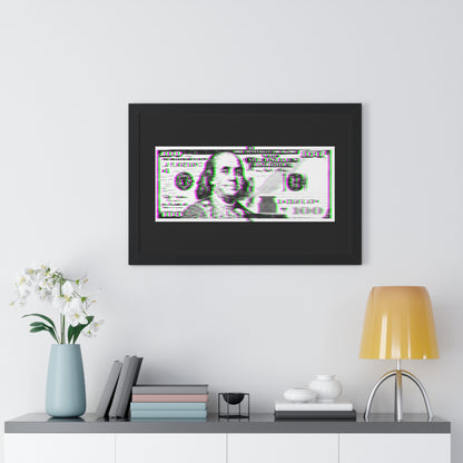 100 Dollars Bill - Green/Magenta Glitch - Framed Poster