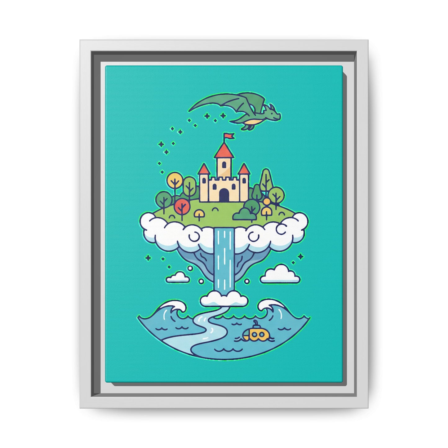 Floating Castle Dragon - Magical Fantasy Island - Framed Canvas