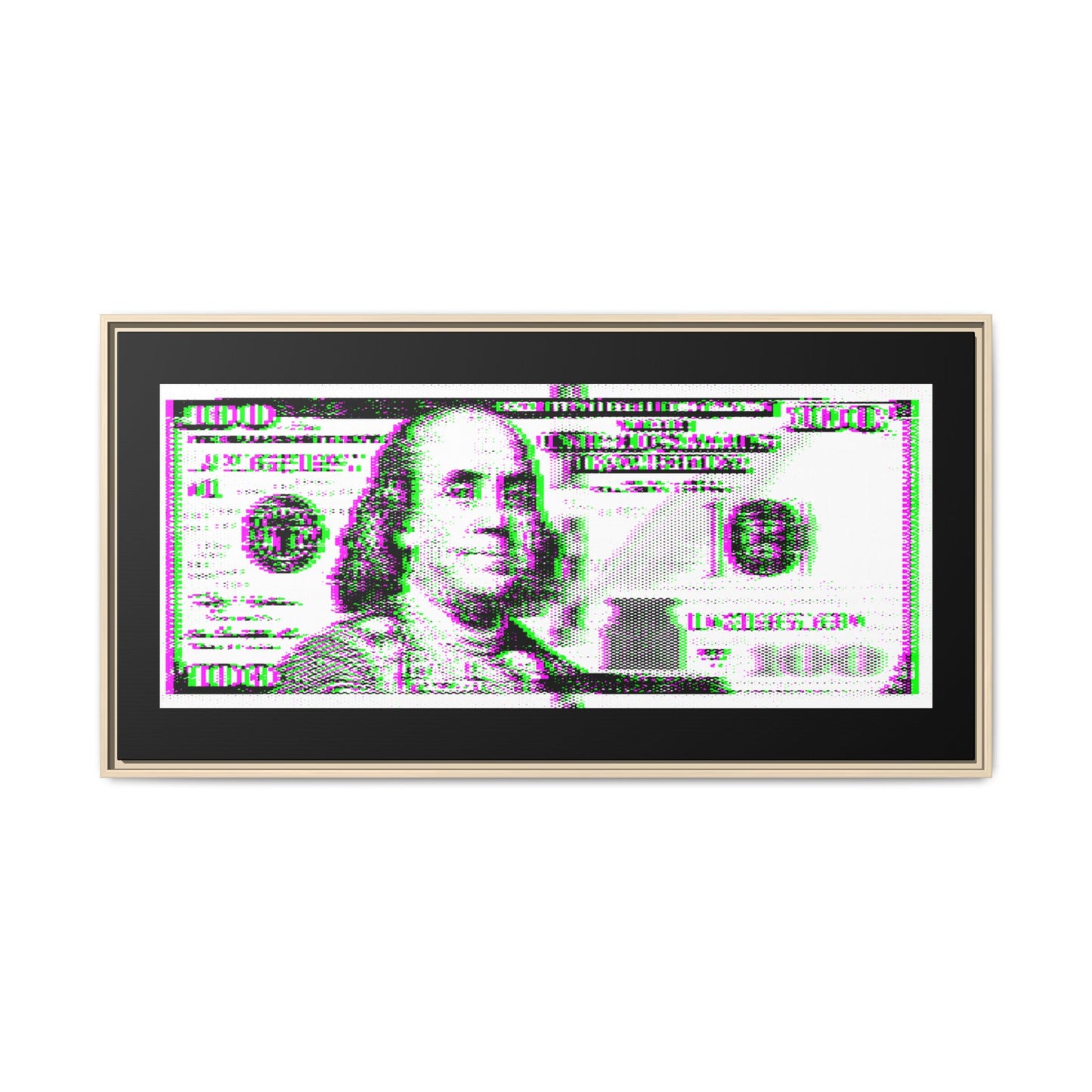 100 Dollars Bill - Green/Magenta Glitch - Framed Canvas