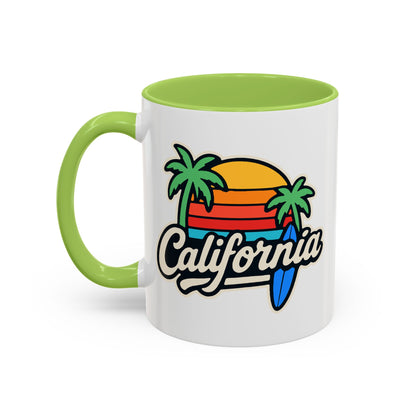 California Surf Vibes Accent Coffee Mug - Great for Beach Lovers, Gift for Surfers, Vacation Memento, Summer Collections, Retro Style