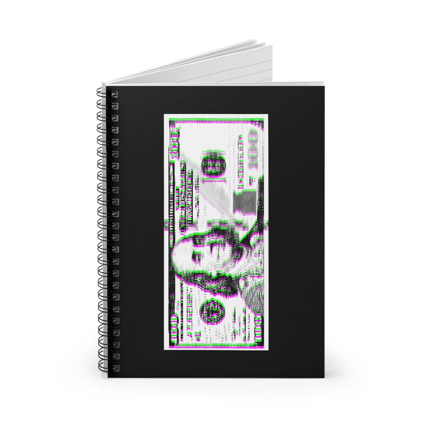 100 Dollars Bill - Green/Magenta Glitch - Spiral Notebook