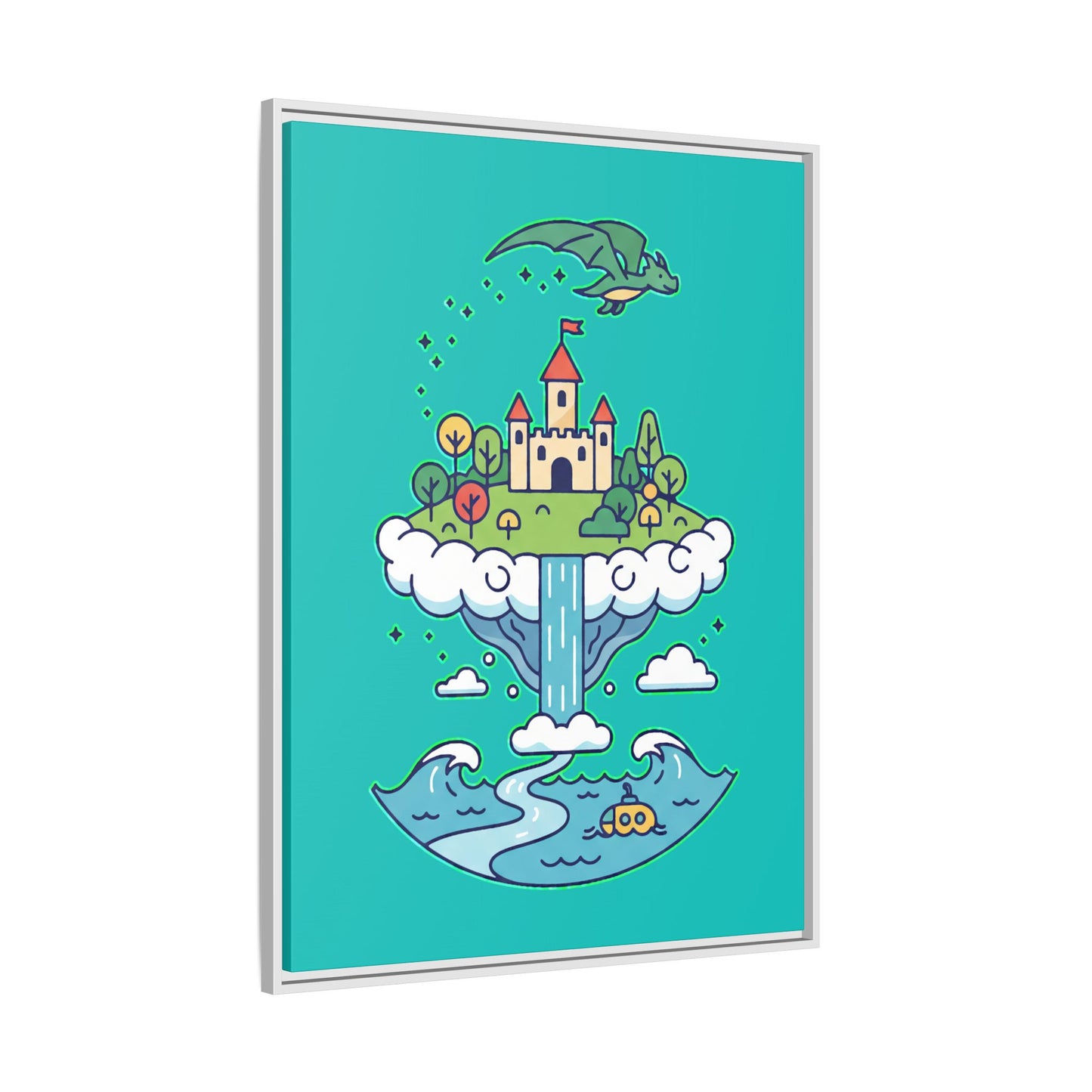 Floating Castle Dragon - Magical Fantasy Island - Framed Canvas