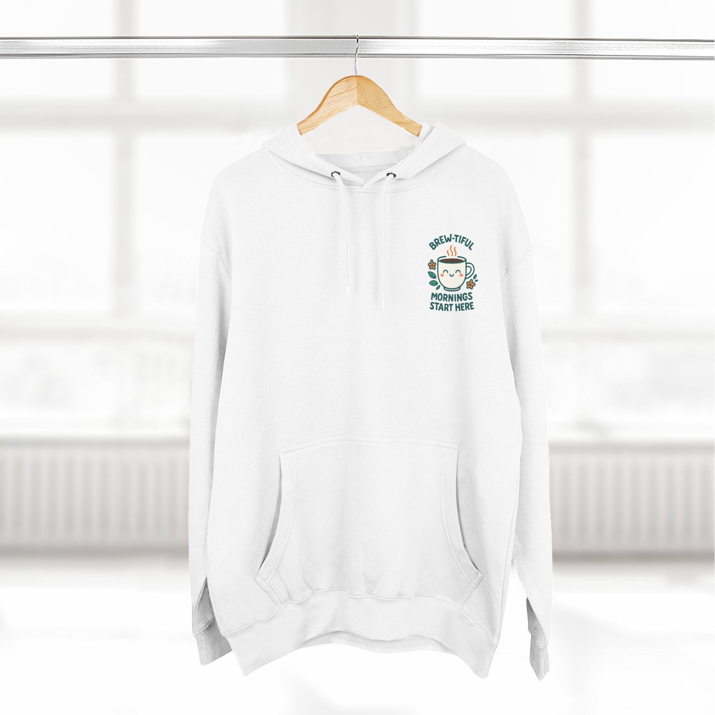 Brew-tiful Mornings Start Here, Cozy Three-Panel Fleece Hoodie, Perfect for Fall, Casual Outfit, Gift for Her, Layering Essential, Relaxed Style