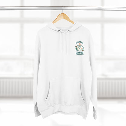 Brew-tiful Mornings Start Here, Cozy Three-Panel Fleece Hoodie, Perfect for Fall, Casual Outfit, Gift for Her, Layering Essential, Relaxed Style