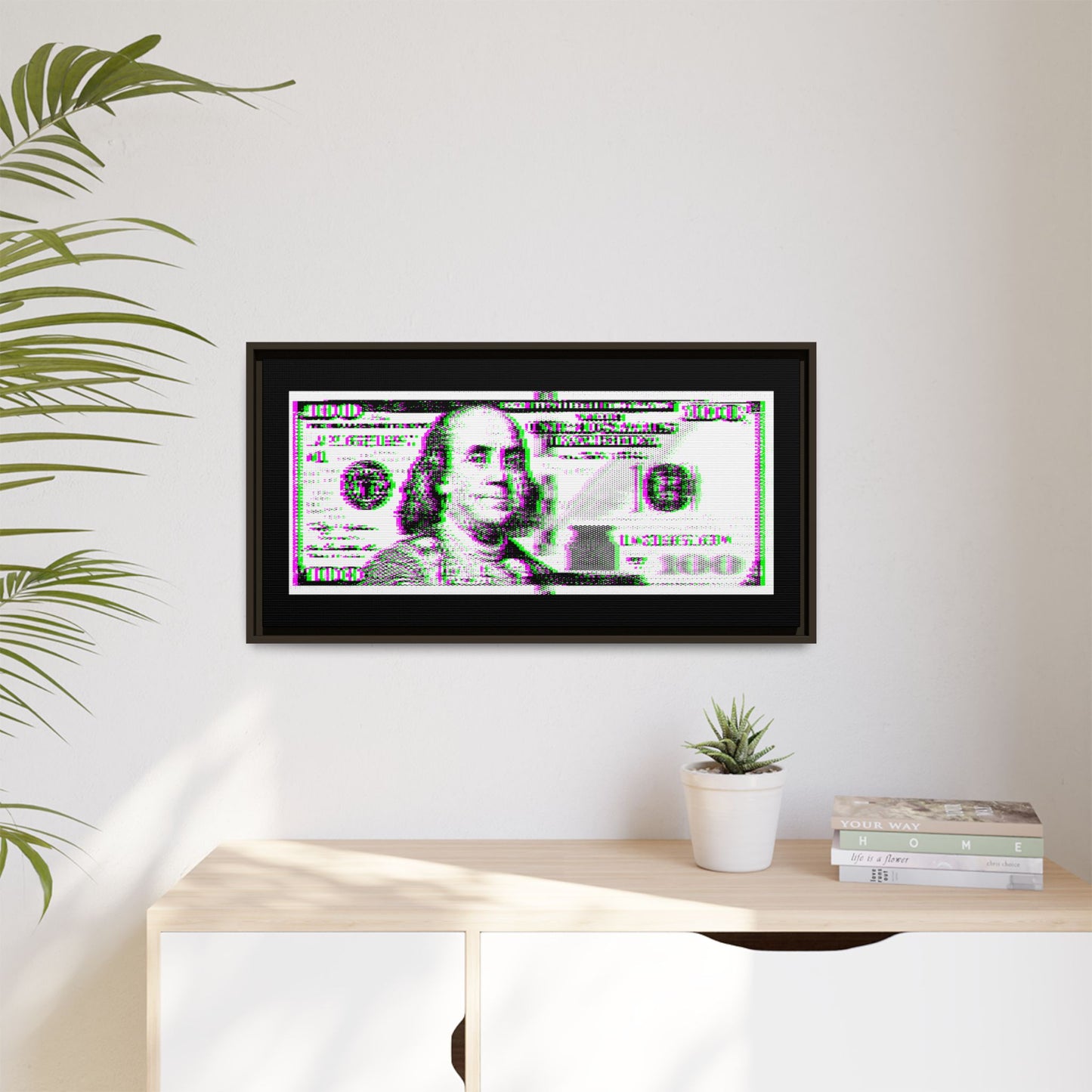 100 Dollars Bill - Green/Magenta Glitch - Framed Canvas