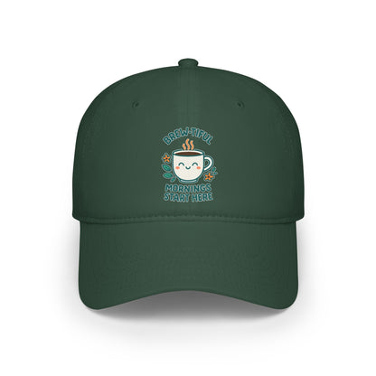 Stylish Low Profile Baseball Cap with Unique "Brew-tiful Morning Start Here" Design, Casual Hat, Fashion Accessory, Outdoor Gear, Gift for Him/Her
