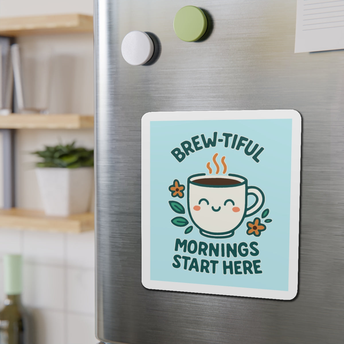 Brew-tiful Mornings Die-Cut Magnet, Cute Coffee Mug Decor, Kitchen Accessory, Gift for Coffee Lovers, Home Decor