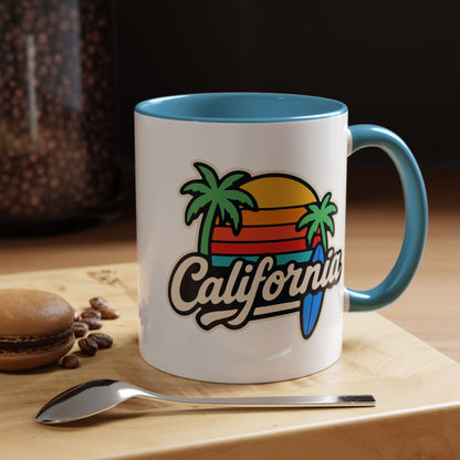 California Surf Vibes Accent Coffee Mug - Great for Beach Lovers, Gift for Surfers, Vacation Memento, Summer Collections, Retro Style