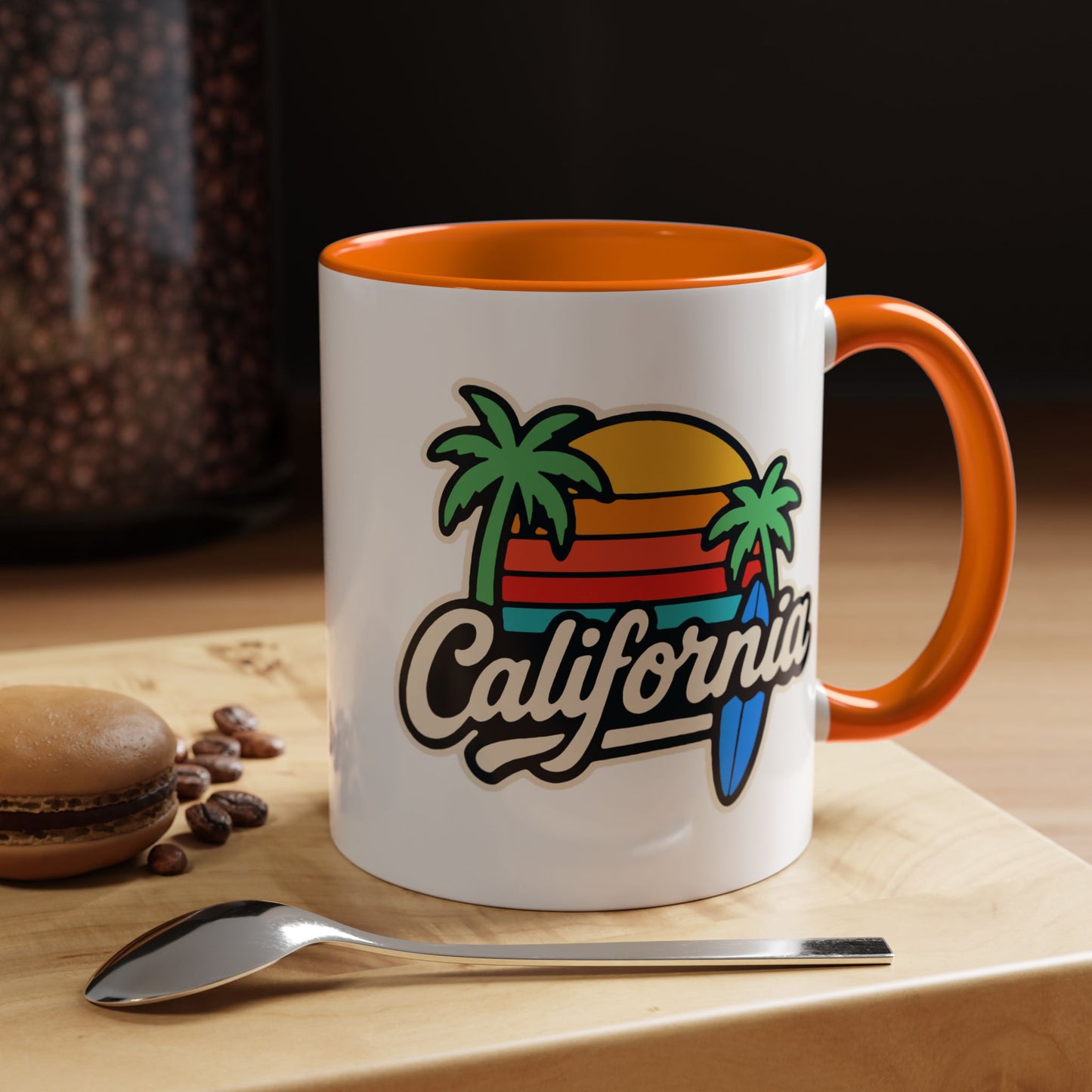 California Surf Vibes Accent Coffee Mug - Great for Beach Lovers, Gift for Surfers, Vacation Memento, Summer Collections, Retro Style
