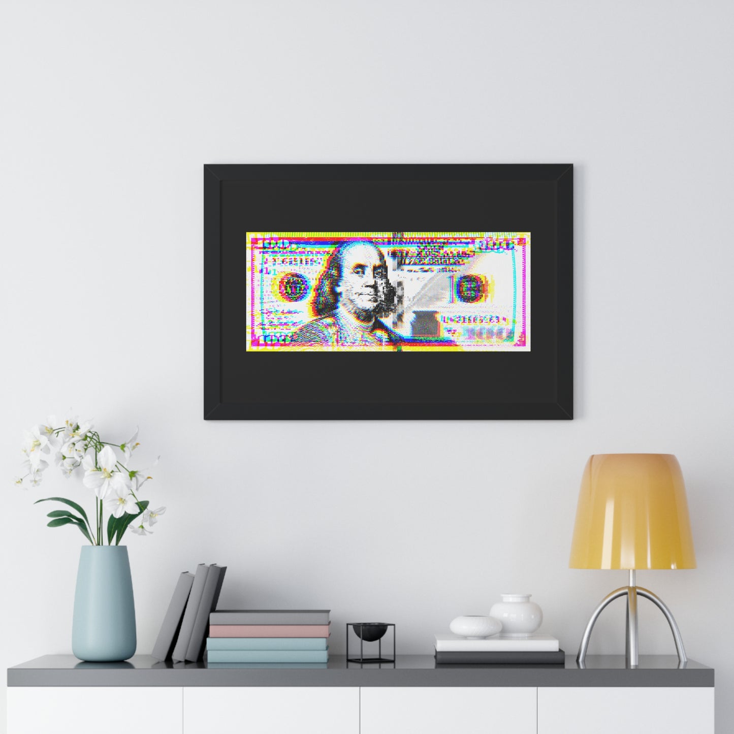 100 Dollars Bill - Neon Color Explosion - Framed Poster