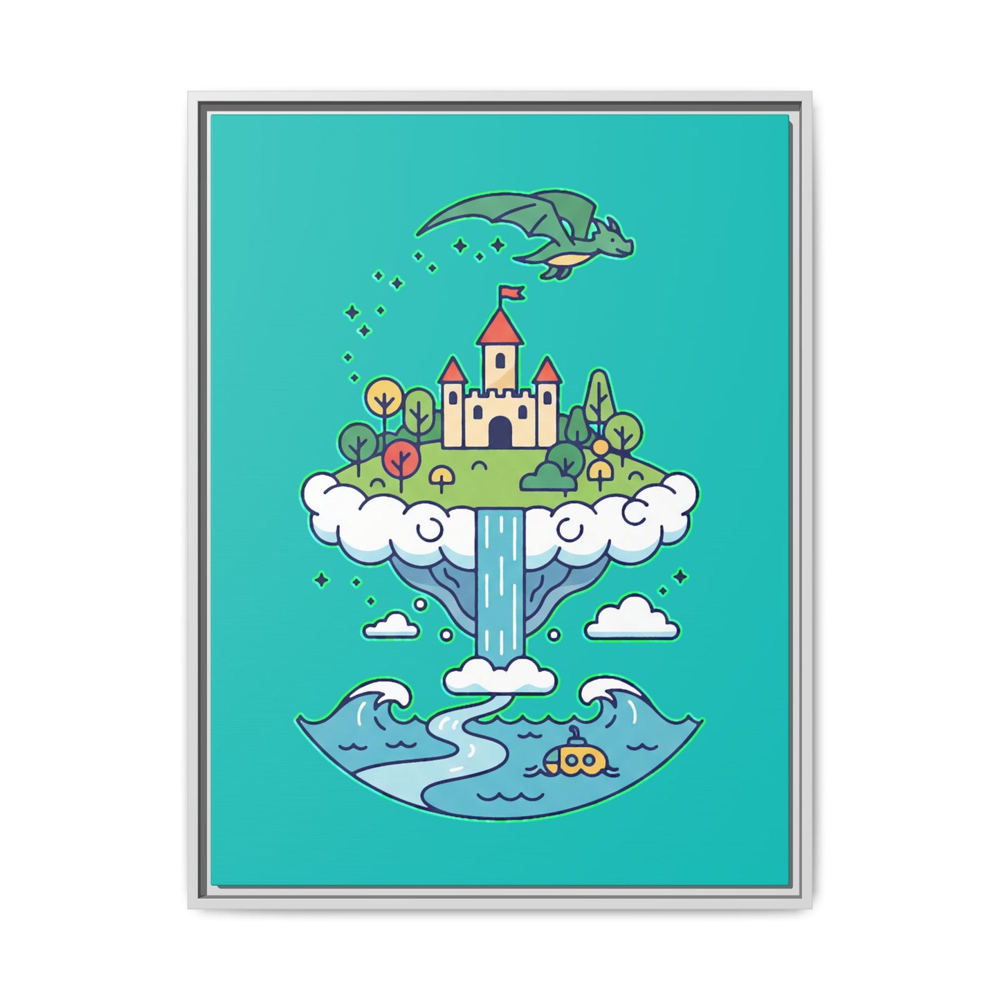 Floating Castle Dragon - Magical Fantasy Island - Framed Canvas