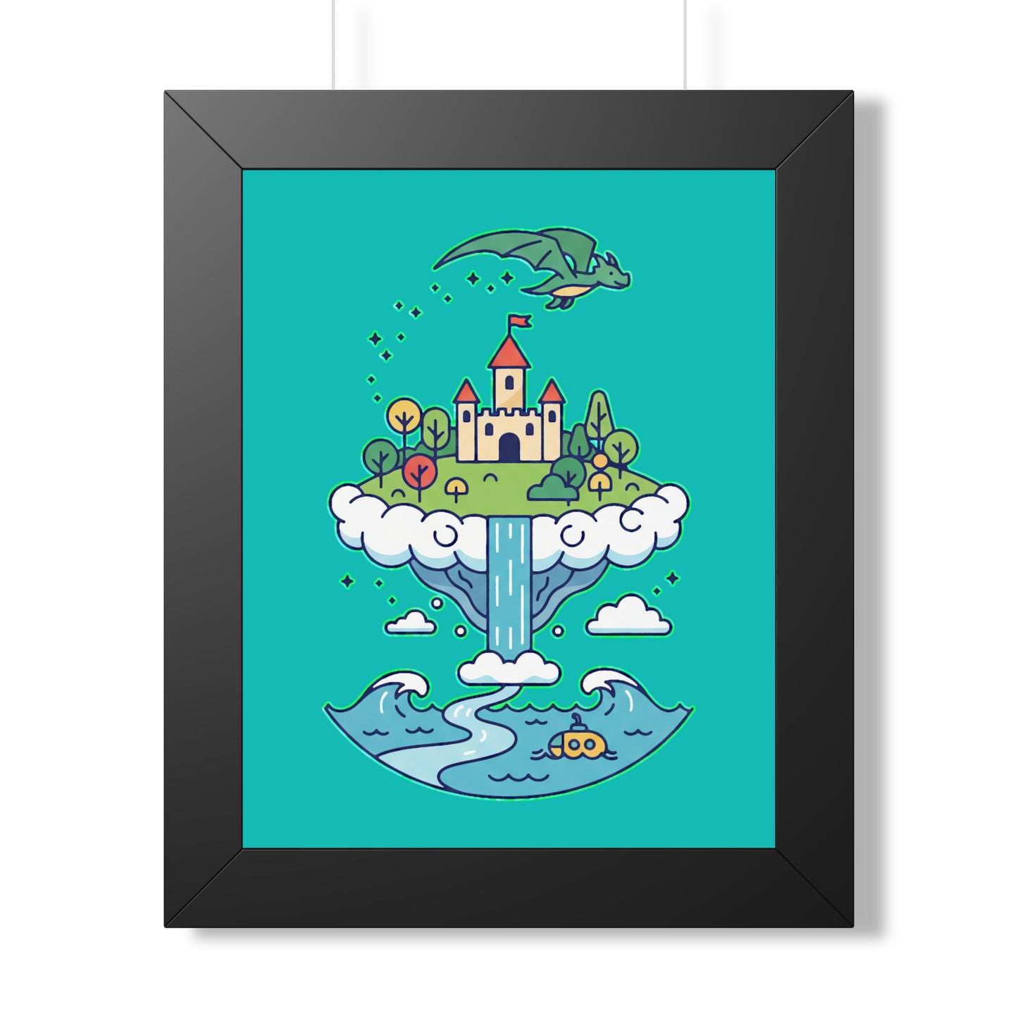 Floating Castle Dragon - Magical Fantasy Island - Framed Poster