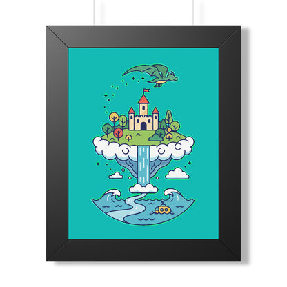 Floating Castle Dragon - Magical Fantasy Island - Framed Poster