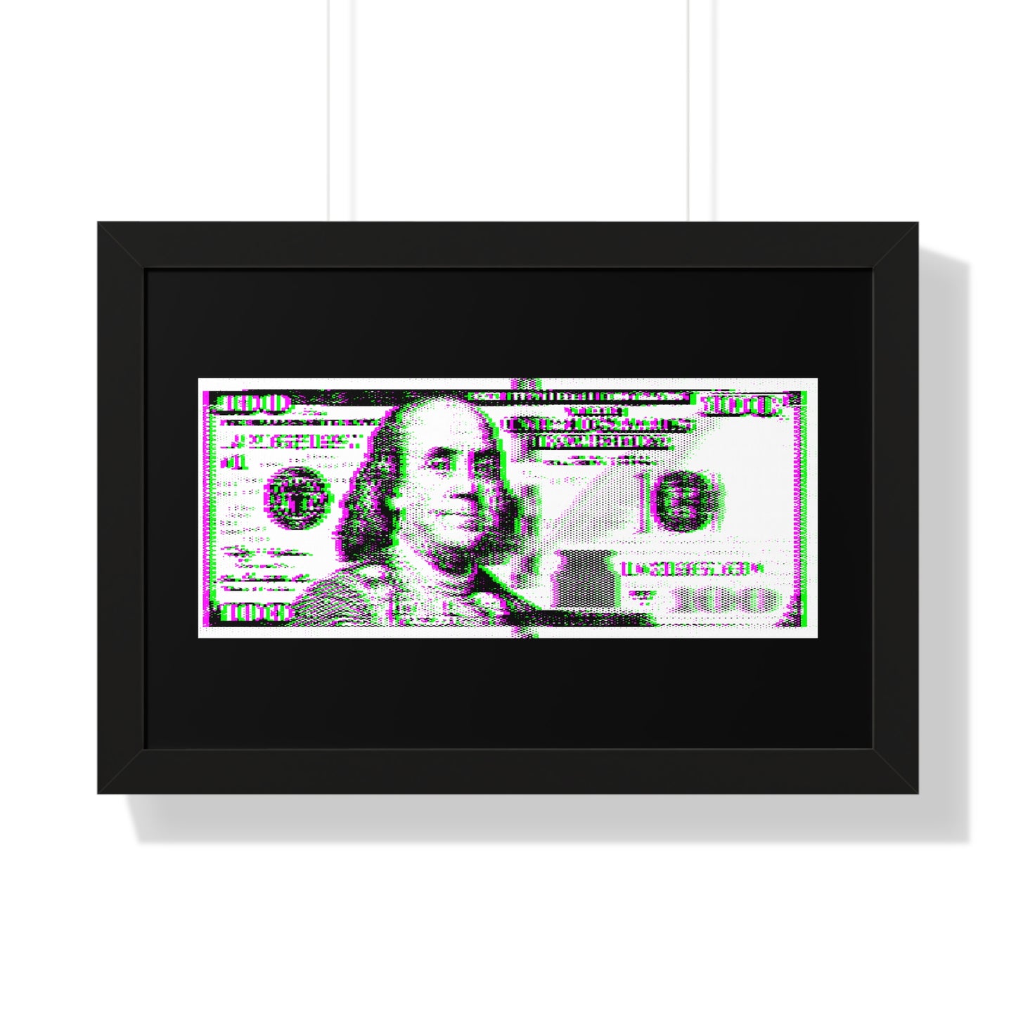 100 Dollars Bill - Green/Magenta Glitch - Framed Poster
