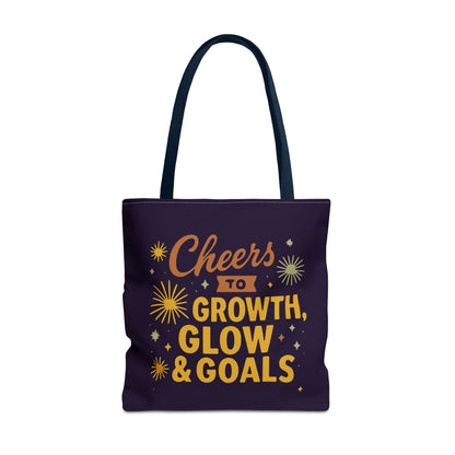 Cheers to Growth Tote Bag, Motivational Gift for Goals, Daily Use, Eco-Friendly Shopping, Inspirational Quotes, New Year's Vibes