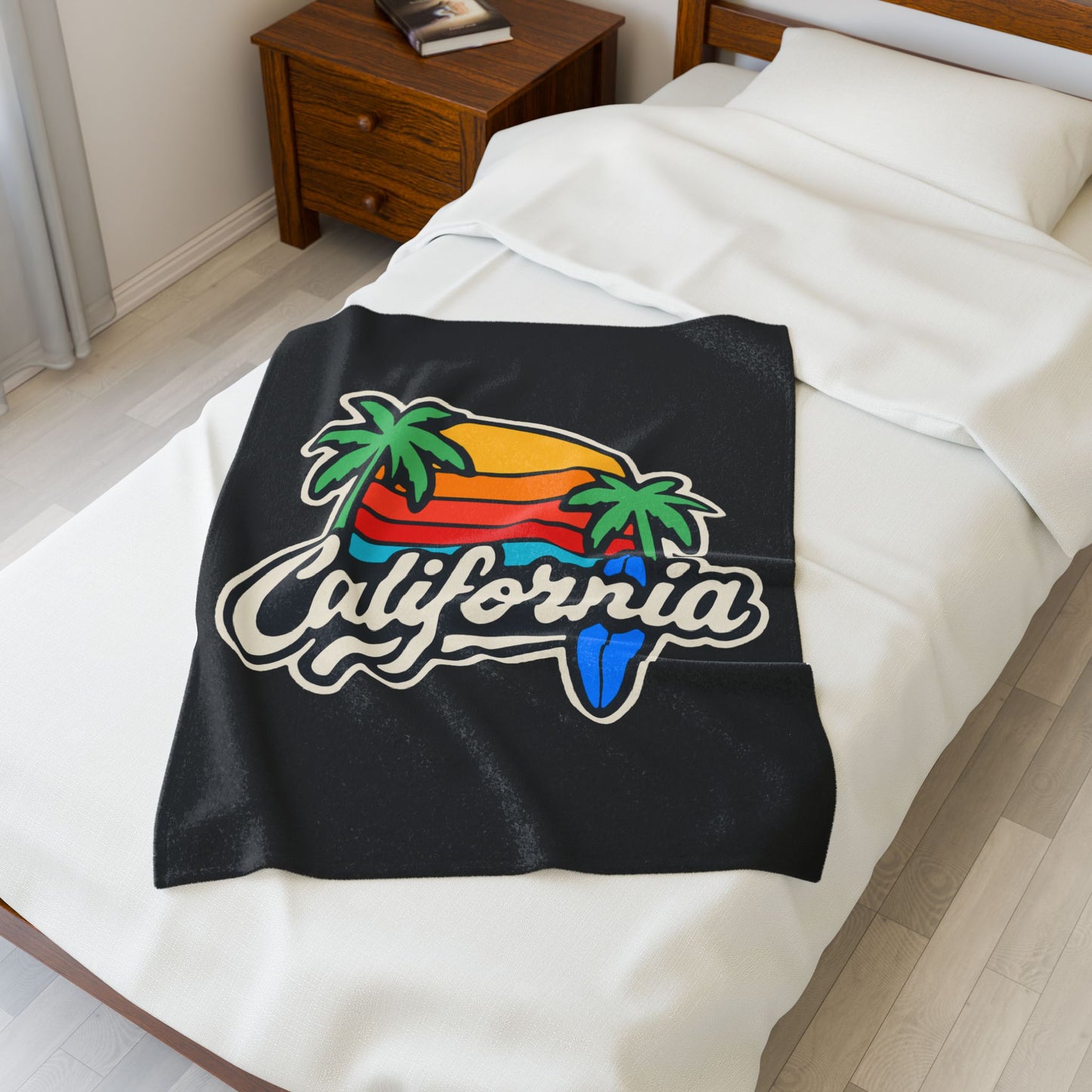 California Sunset Velveteen Plush Blanket, Cozy Beach Vibes, Soft Gift for Surfers, Home Decor, Travel, Camping