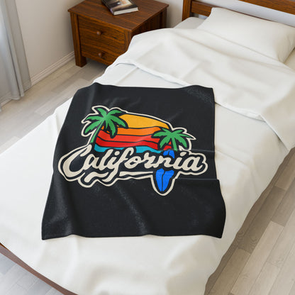 California Sunset Velveteen Plush Blanket, Cozy Beach Vibes, Soft Gift for Surfers, Home Decor, Travel, Camping