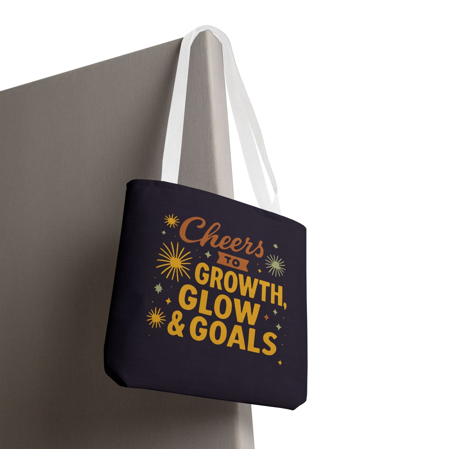 Cheers to Growth Tote Bag, Motivational Gift for Goals, Daily Use, Eco-Friendly Shopping, Inspirational Quotes, New Year's Vibes