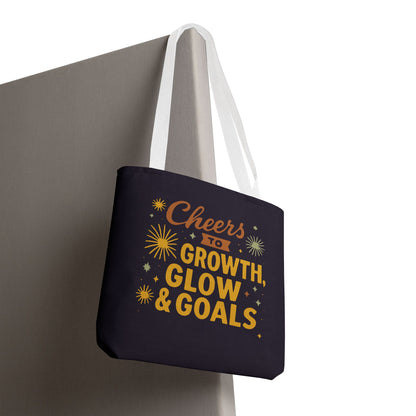 Cheers to Growth Tote Bag, Motivational Gift for Goals, Daily Use, Eco-Friendly Shopping, Inspirational Quotes, New Year's Vibes