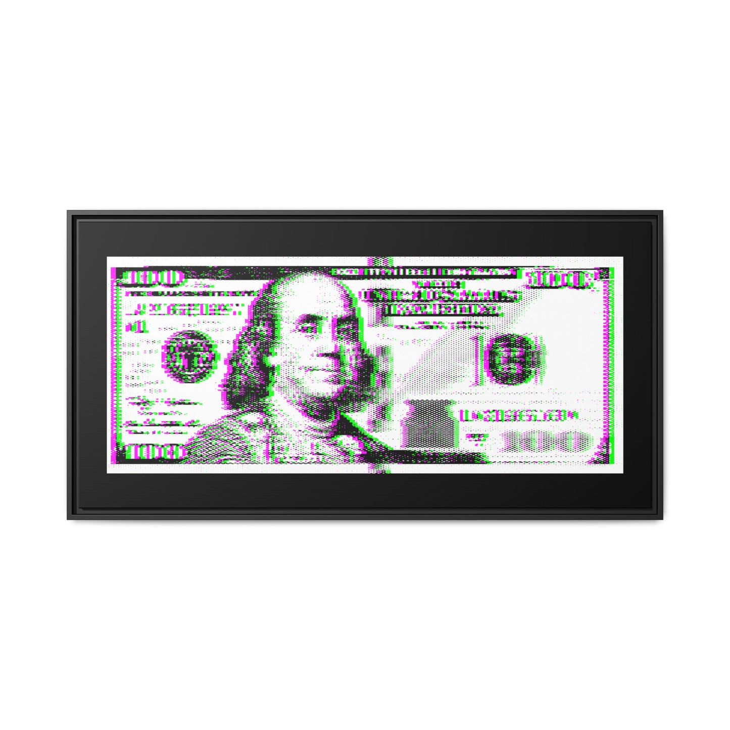 100 Dollars Bill - Green/Magenta Glitch - Framed Canvas