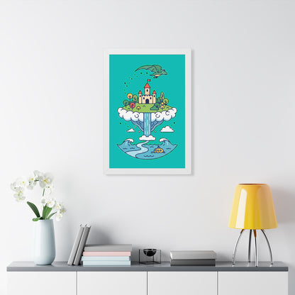 Floating Castle Dragon - Magical Fantasy Island - Framed Poster