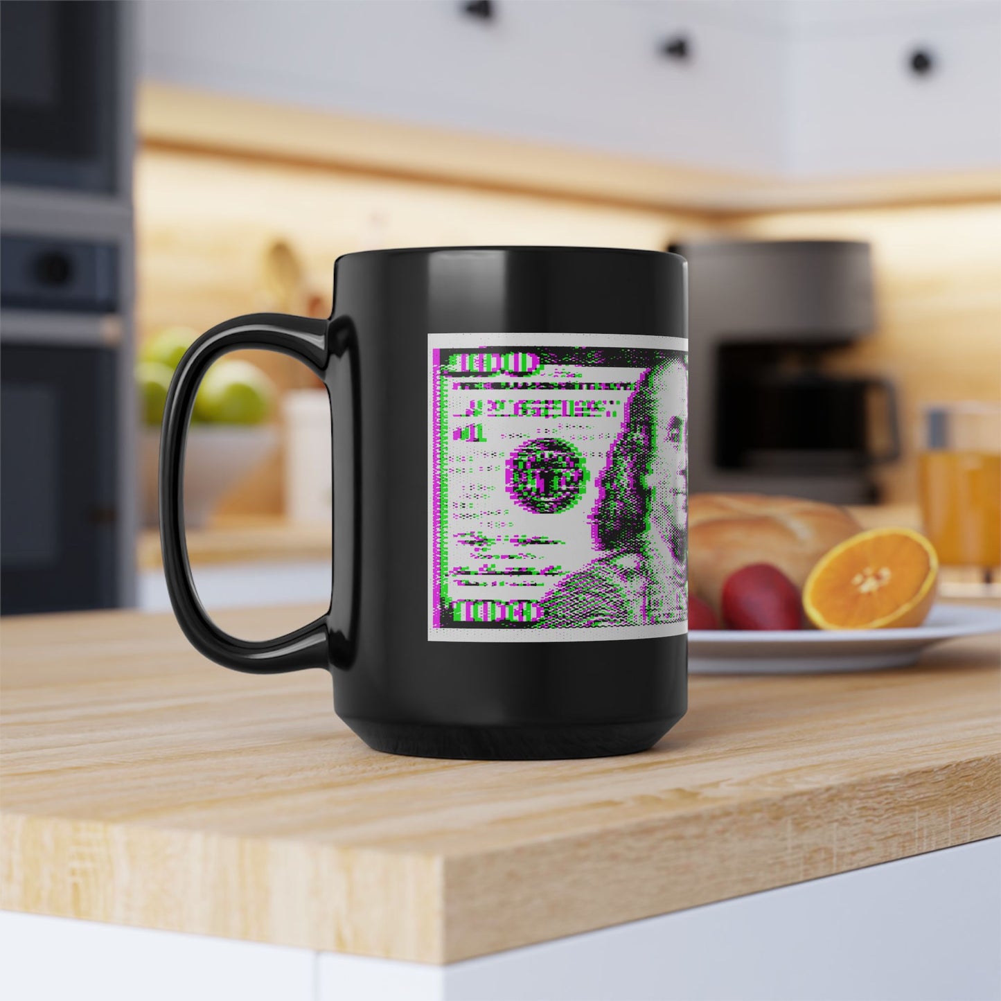 100 Dollars Bill - Green/Magenta Glitch - Black Mug