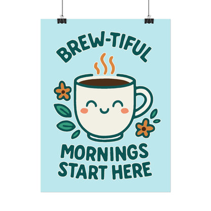 Charming Coffee Wall Art Print, Cute Brew-tiful Mornings Poster, Kitchen Decor, Gift for Coffee Lovers, Hygge Home Style