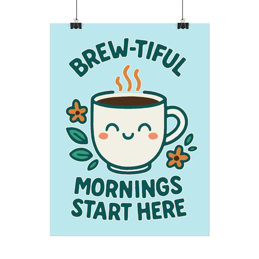 Charming Coffee Wall Art Print, Cute Brew-tiful Mornings Poster, Kitchen Decor, Gift for Coffee Lovers, Hygge Home Style